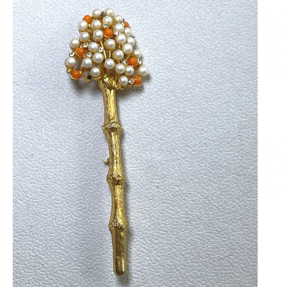 Vintage DeNicola Figural Tree Brooch Faux Pearl Coral Cabochon Rhinestone 4